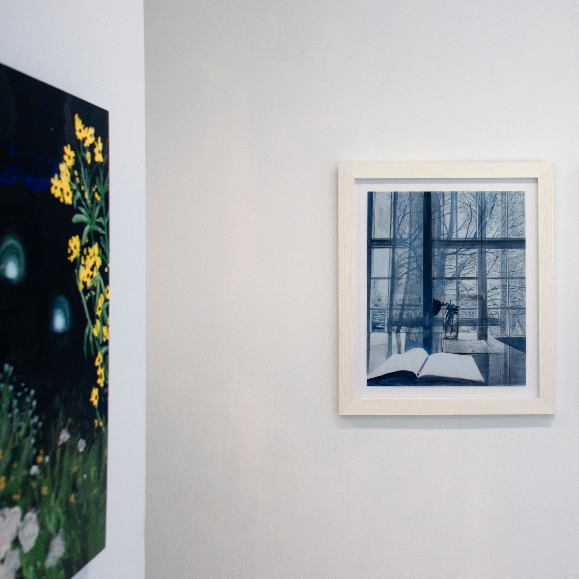 Stephanie by Rebecca Chamberlain, lithography ink painting on 22" x 16" vintage tracing cloth professionally mounted floating in 1.75" white-stained wood frame behind museum glass shown installed.