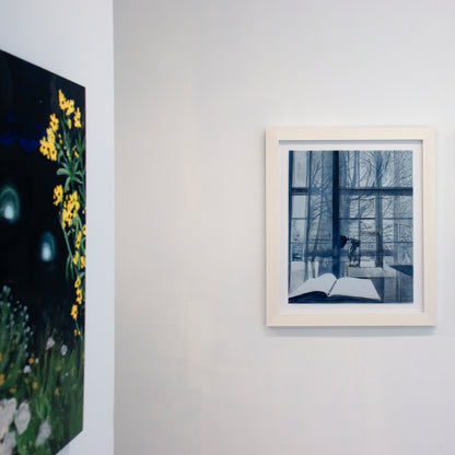 Stephanie by Rebecca Chamberlain, lithography ink painting on 22" x 16" vintage tracing cloth professionally mounted floating in 1.75" white-stained wood frame behind museum glass shown installed.