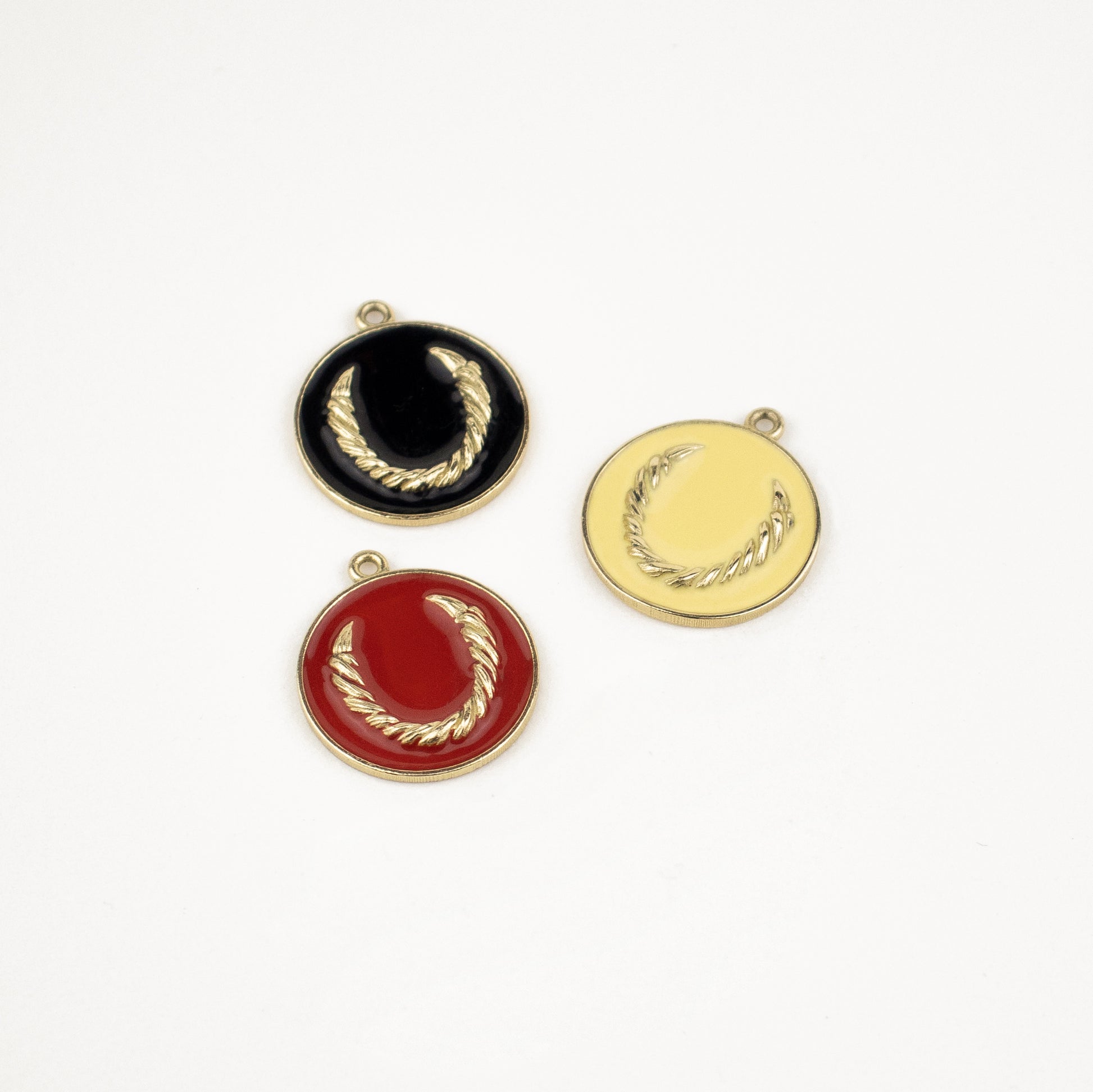 Enameled solid reclaimed 10k gold Roped Horseshoe charm 15 mm in diameter in your choice of black, lemon cream, or fire red enamel on sterling silver paperclip mixed-chain handmade and finished in our Catskills store-studio.