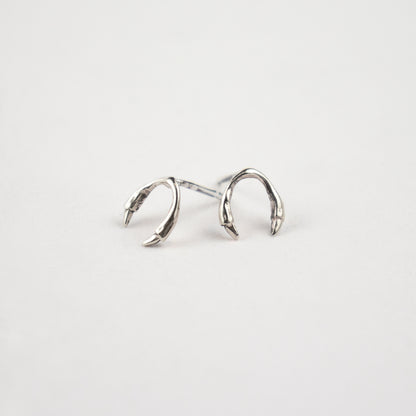 Solid reclaimed sterling silver branch horseshoe stud earrings handmade and finished in our Catskills store-studio.