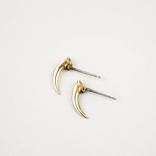 Solid reclaimed 10k gold Icelandic owl claw stud 0.75 inches in length on sterling silver posts handmade and finished in our Catskills store-studio.