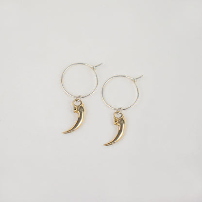 Solid reclaimed sterling silver or brass Icelandic 0.75 inch owl claws on handmade sterling hoops finished in our Catskills store-studio.