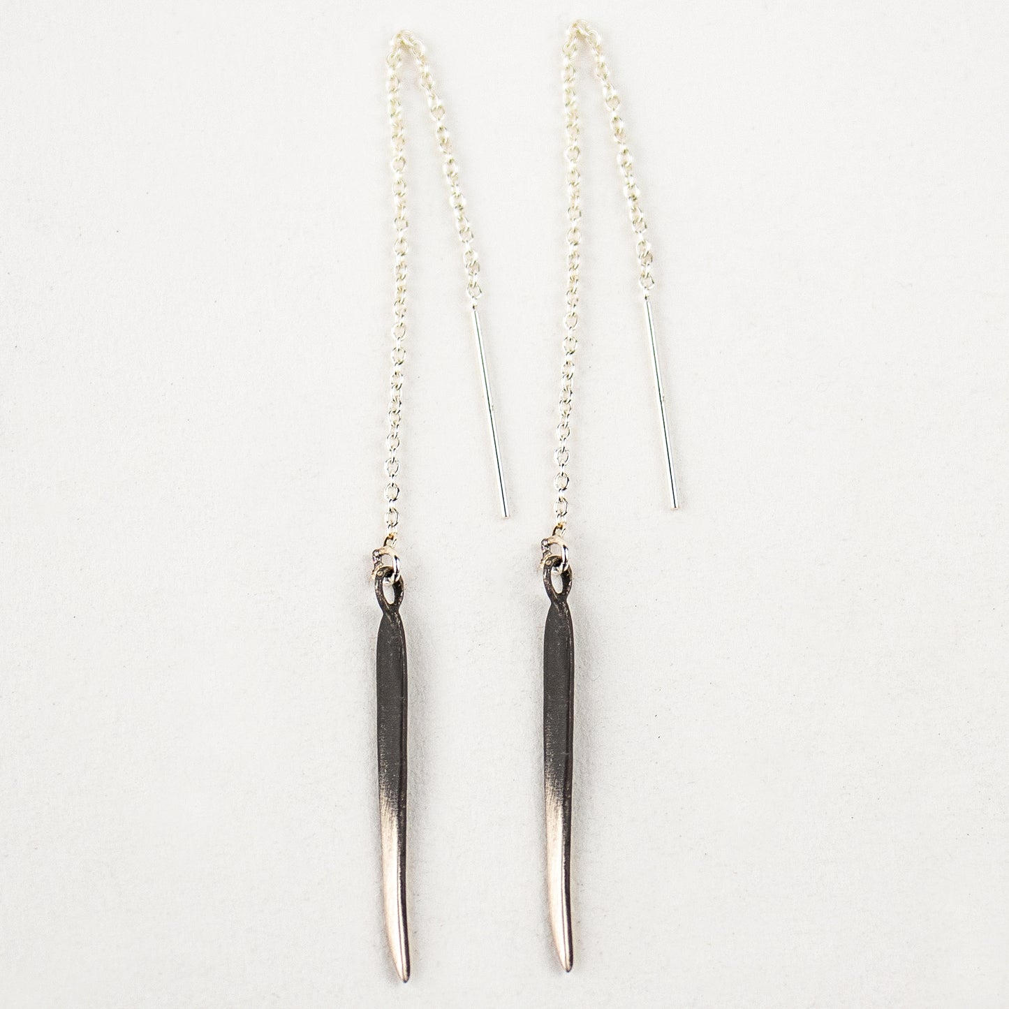 Solid reclaimed sterling silver spike measuring 1 inch and partially oxidized on sterling fine chain handmade and finished in our Catskills store-studio and available as singles to mix-and-match.