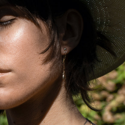 Reclaimed solid sterling silver seed and gold-filled chain dangle studs handmade and finished in our Catskills store-studio shown on model.