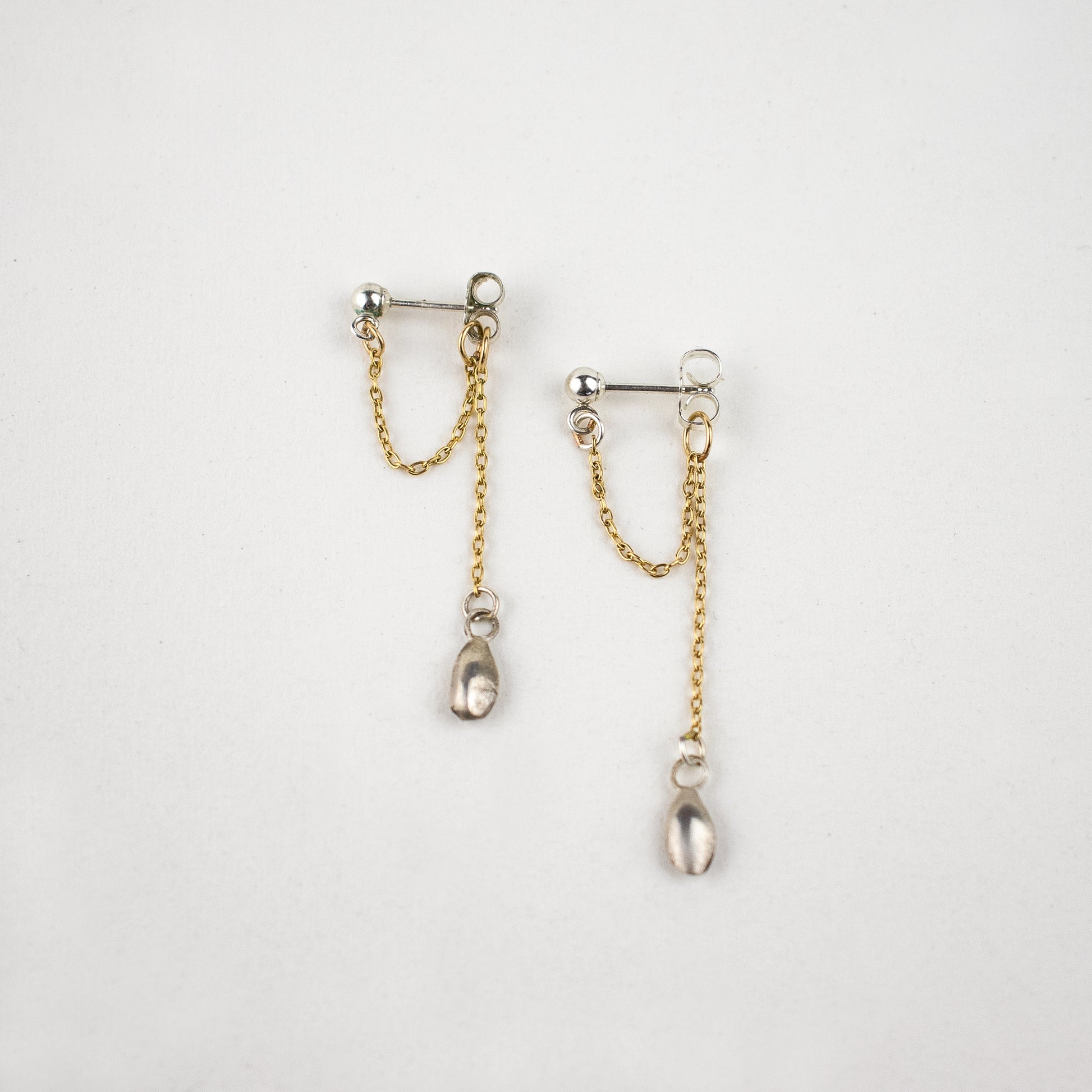 Reclaimed solid sterling silver seed and gold-filled chain dangle studs handmade and finished in our Catskills store-studio.