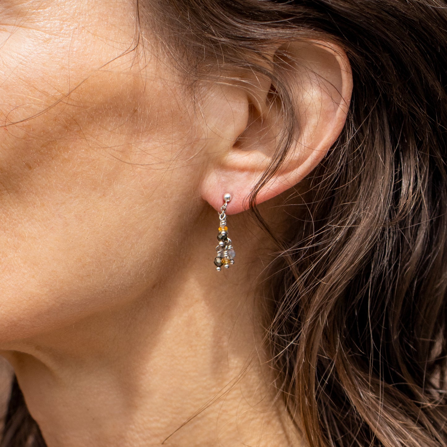 Sterling silver chain hoop earrings hand-beaded in our Catskills store-studio with your choice of 2mm chrysoprase, opal, watermelon tourmaline, aquamarine, moonstone, onyx, or a mix of citrine, pyrite and labradorite beads shown on model.