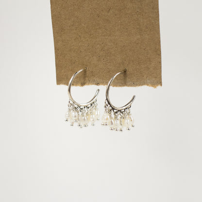 Freshwater pearl fringed reclaimed sterling silver hoop earrings 1.5 inches in diameter handmade and finished in our Catskills store-studio and available as singles to mix-and-match.