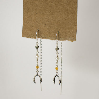 Sterling silver hooks and gold-filled wire threaders beaded with citrine, pyrite and one freshwater pearl, available with either solid reclaimed 10k gold or sterling silver horseshoe charms, handmade and finished in our Catskills store-studio and available as singles to mix-and-match.