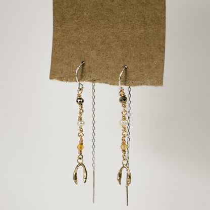 Sterling silver hooks and gold-filled wire threaders beaded with citrine, pyrite and one freshwater pearl, available with either solid reclaimed 10k gold or sterling silver horseshoe charms, handmade and finished in our Catskills store-studio and available as singles to mix-and-match.