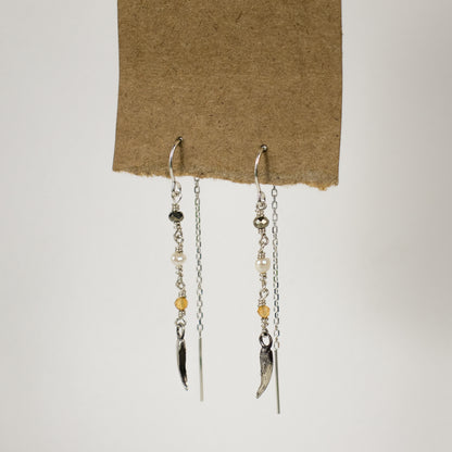 Solid reclaimed 10k gold or sterling silver claws on gold-filled threaders hand-beaded with citrine, pyrite and one freshwater pearl on sterling hooks and sterling fine chain. Handmade and finished in our Catskills store-studio