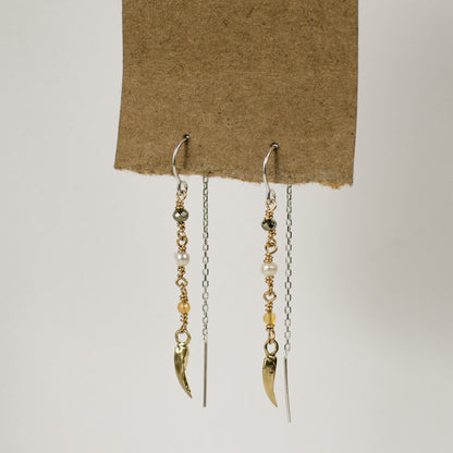 Solid reclaimed 10k gold or sterling silver claws on gold-filled threaders hand-beaded with citrine, pyrite and one freshwater pearl on sterling hooks and sterling fine chain. Handmade and finished in our Catskills store-studio
