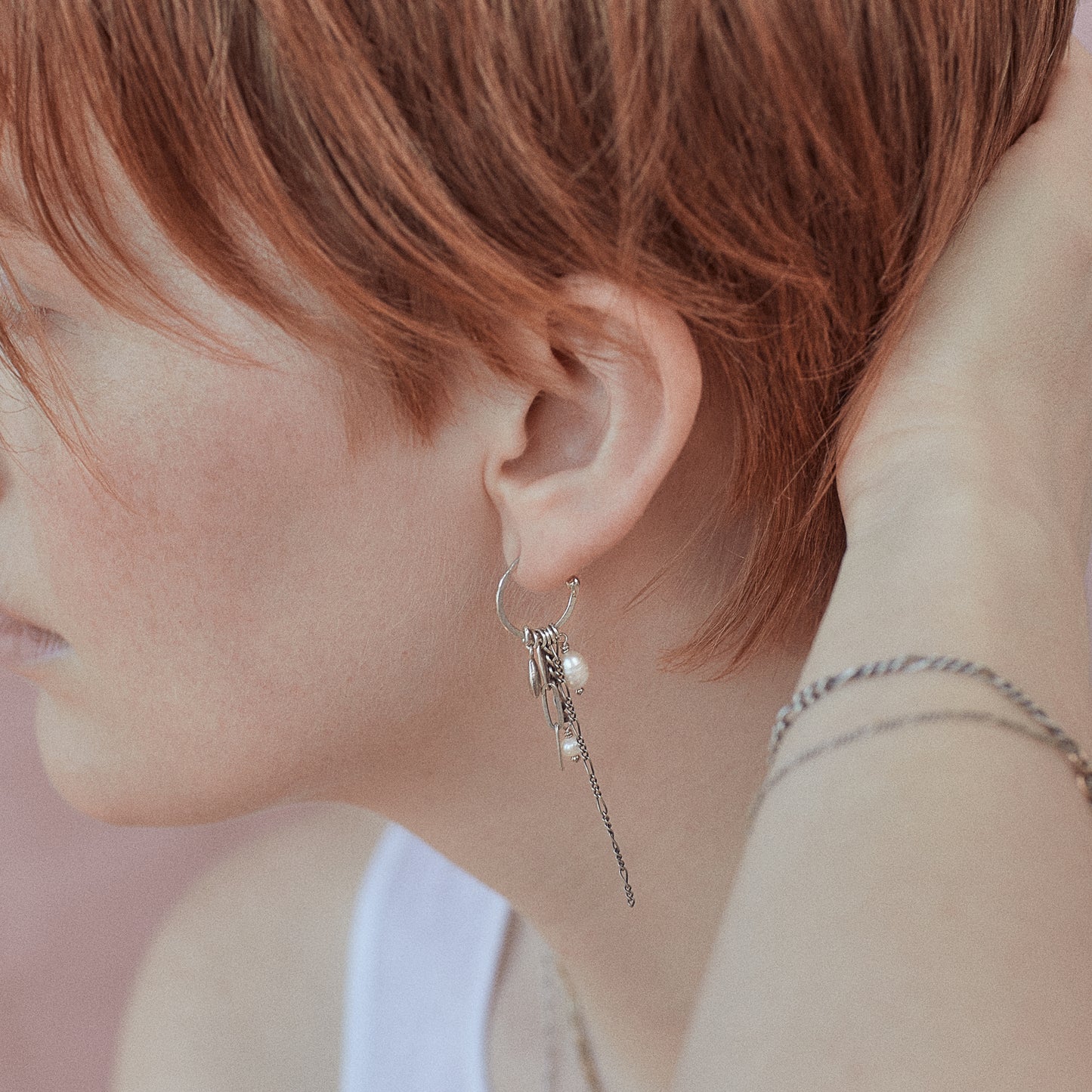 SILVER SEED, PEARL & CHAIN HOOP EARRINGS