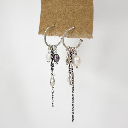 SILVER SEED, PEARL & CHAIN HOOP EARRINGS