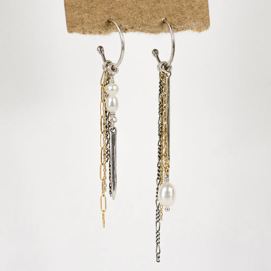 Solid reclaimed sterling silver spikes with gold-filled and sterling mixed-chains and freshwater pearls on sterling hoops approximately 1.5 inches in diameter cast with reclaimed precious metals and handmade in the Catskills by Icelandic designer, Johanna Methusalemsdottir.