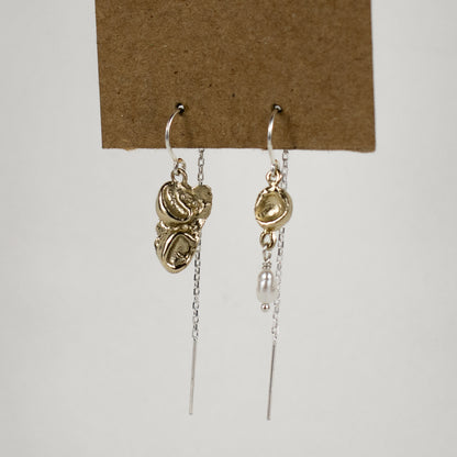 Reclaimed sterling silver or brass seaweed pods with a freshwater pearl drop dangling from sterling hooks and fine chain handmade and finished in our Catskills store-studio.