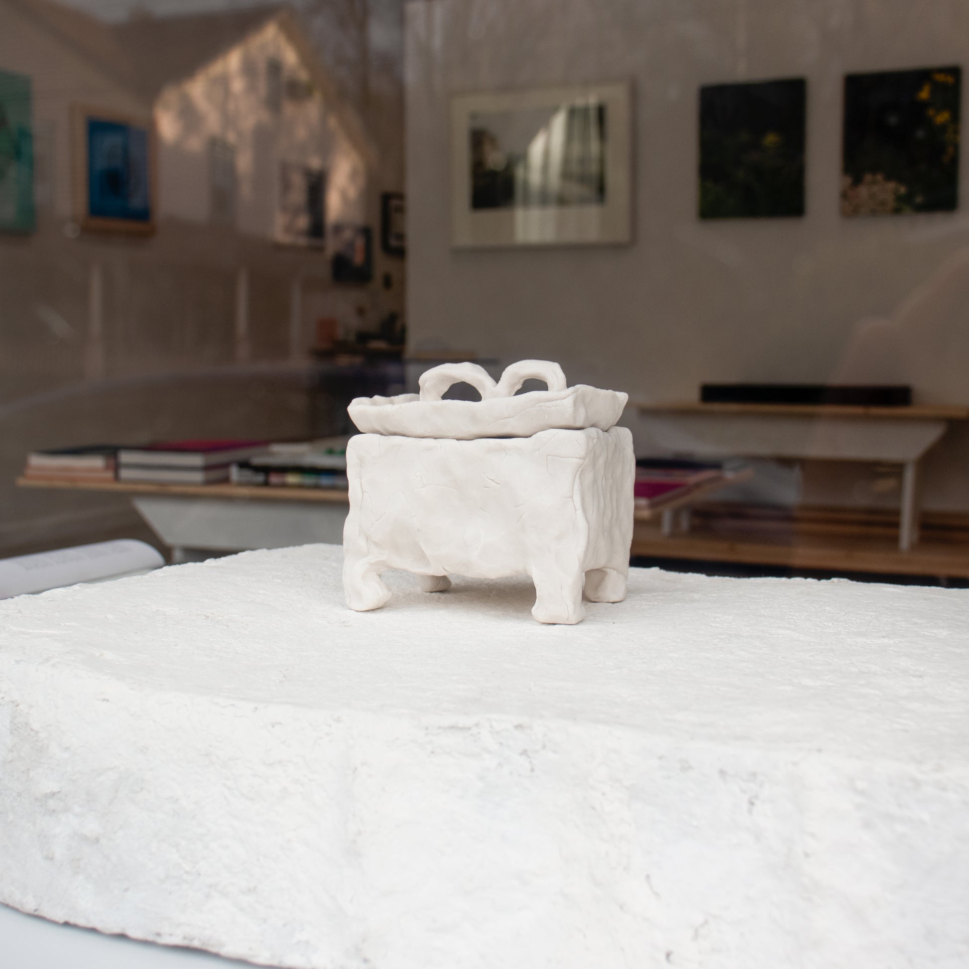 Unique 4.25 x 4.25 x 3.5 inch hand-built, porcelain treasure box by Bobbi Salvör Menuez.