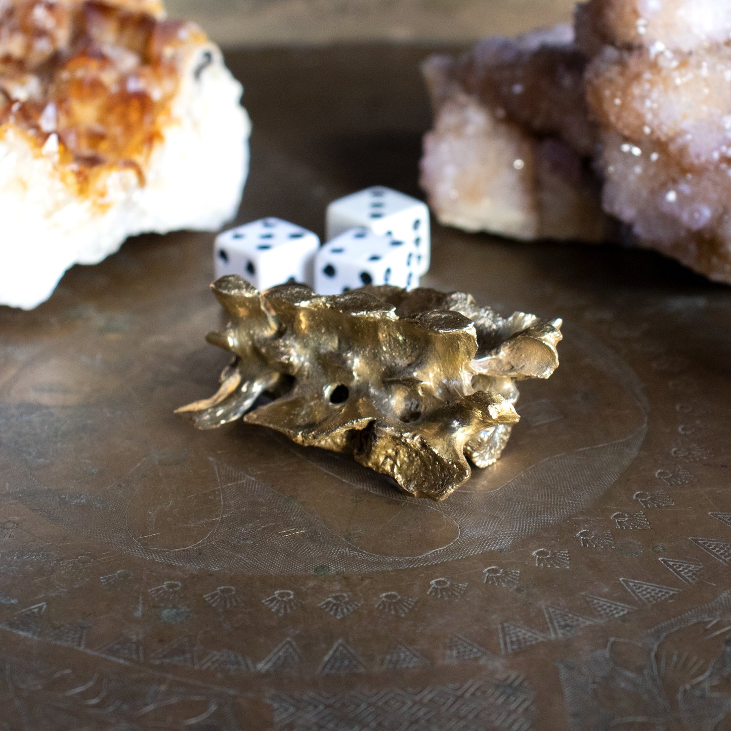 Solid reclaimed brass vertebrae objet d' art measuring 3 inches long and finished in our Catskills store-studio.