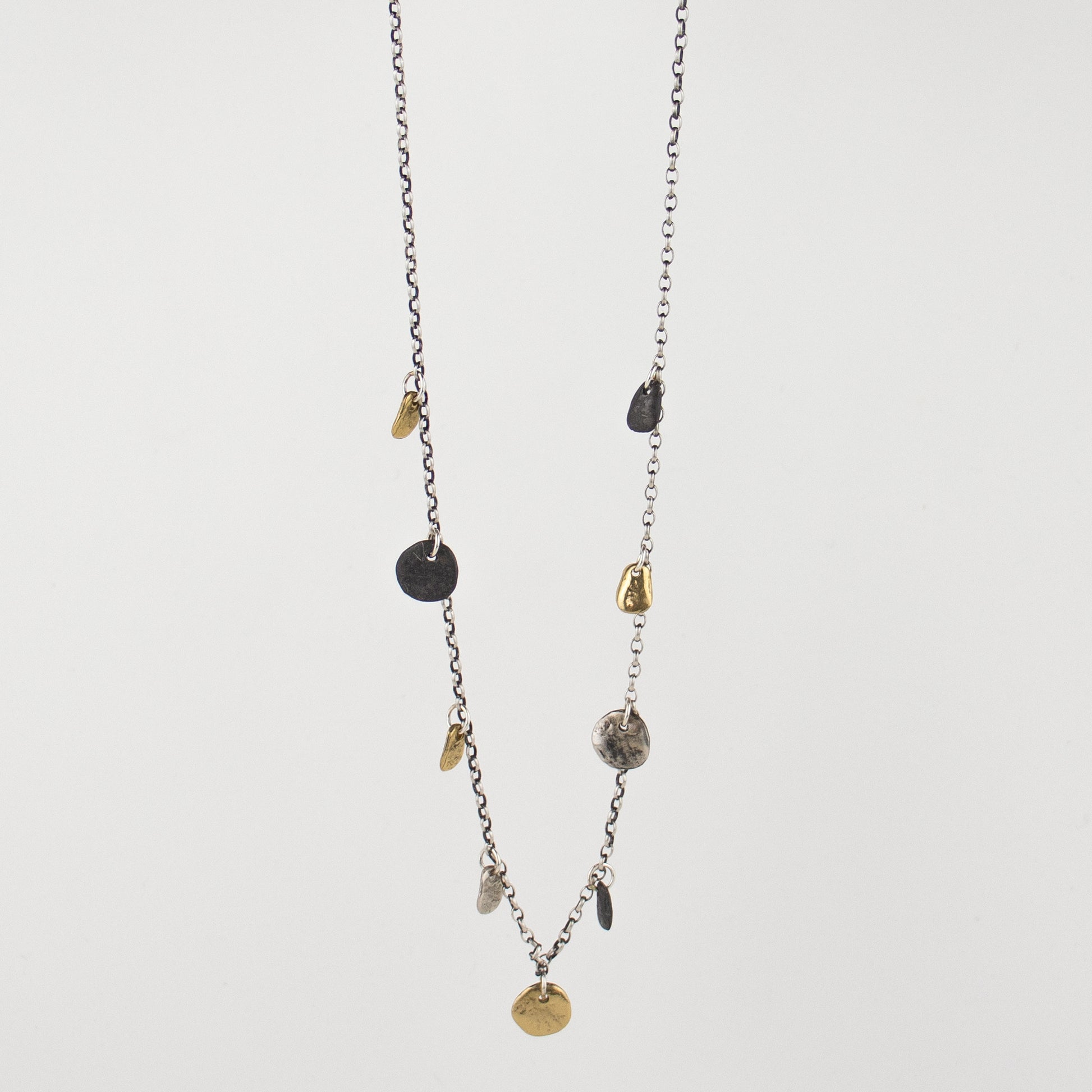 Solid reclaimed sterling silver and brass Maine multi-rock necklace on sterling cable-chain adjustable 18 - 22 inches handmade and finished in our Catskills store-studio.