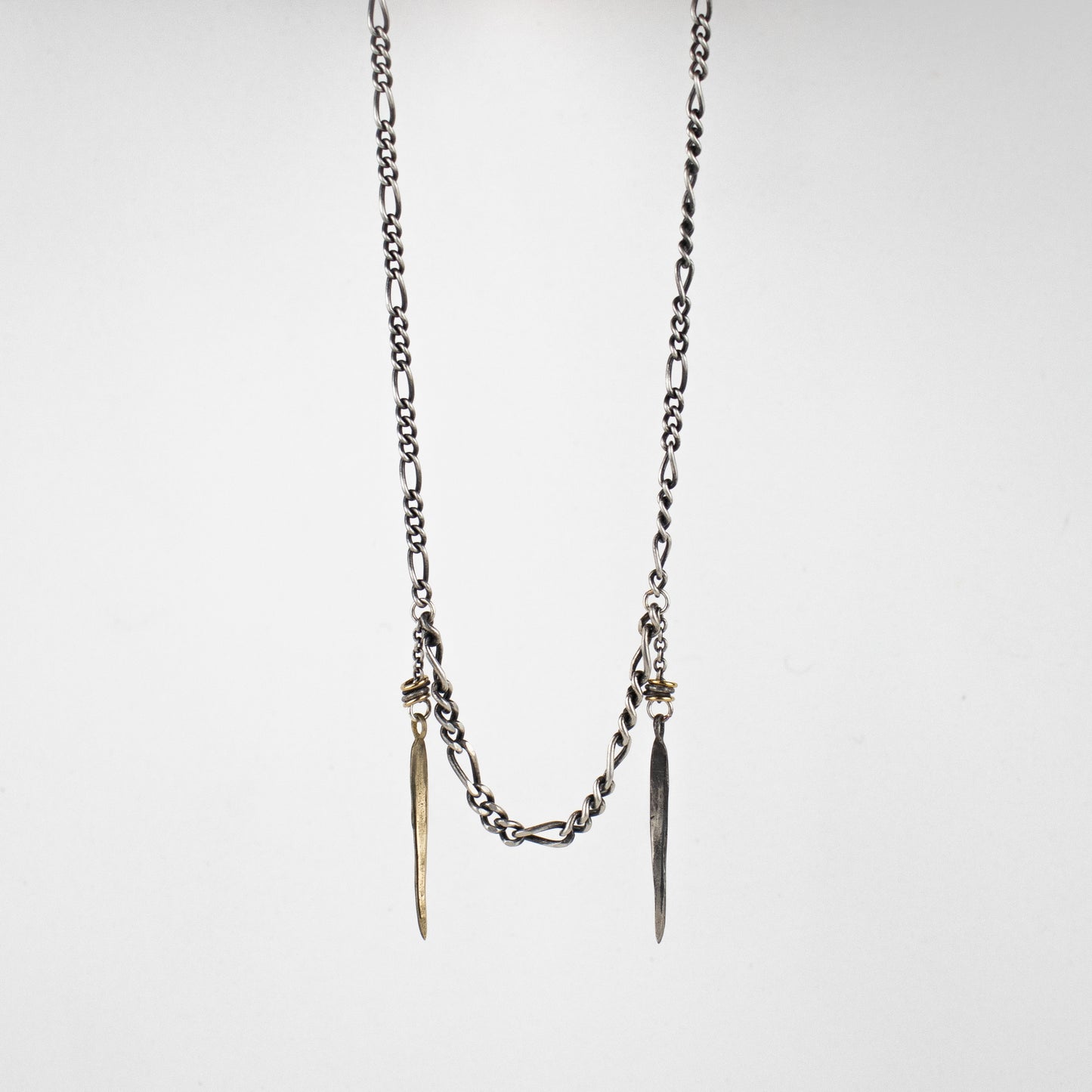 Solid reclaimed sterling silver and brass spikes on sterling Figaro mixed-chain adjustable 15 - 18 inches handmade and finished in our Catskills store-studio.