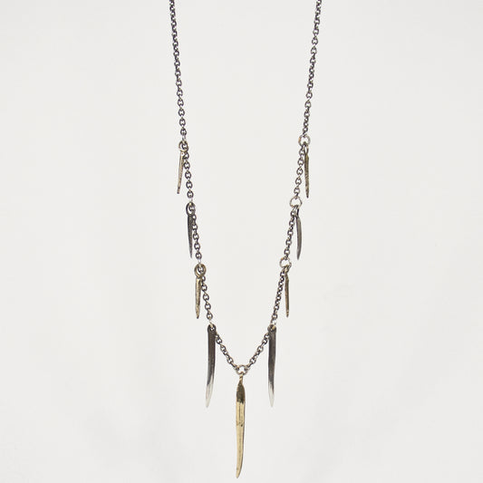 Solid reclaimed sterling silver and brass mixed-size spikes on sterling cable-chain adjustable 16 - 20  inches handmade and finished in our Catskills store-studio.