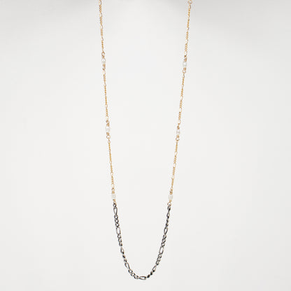 Reclaimed sterling silver and gold-filled mixed Figaro chains hand-beaded with 2 mm white rice pearls adjustable 16 - 20 inches and handmade and finished in our Catskills store-studio.