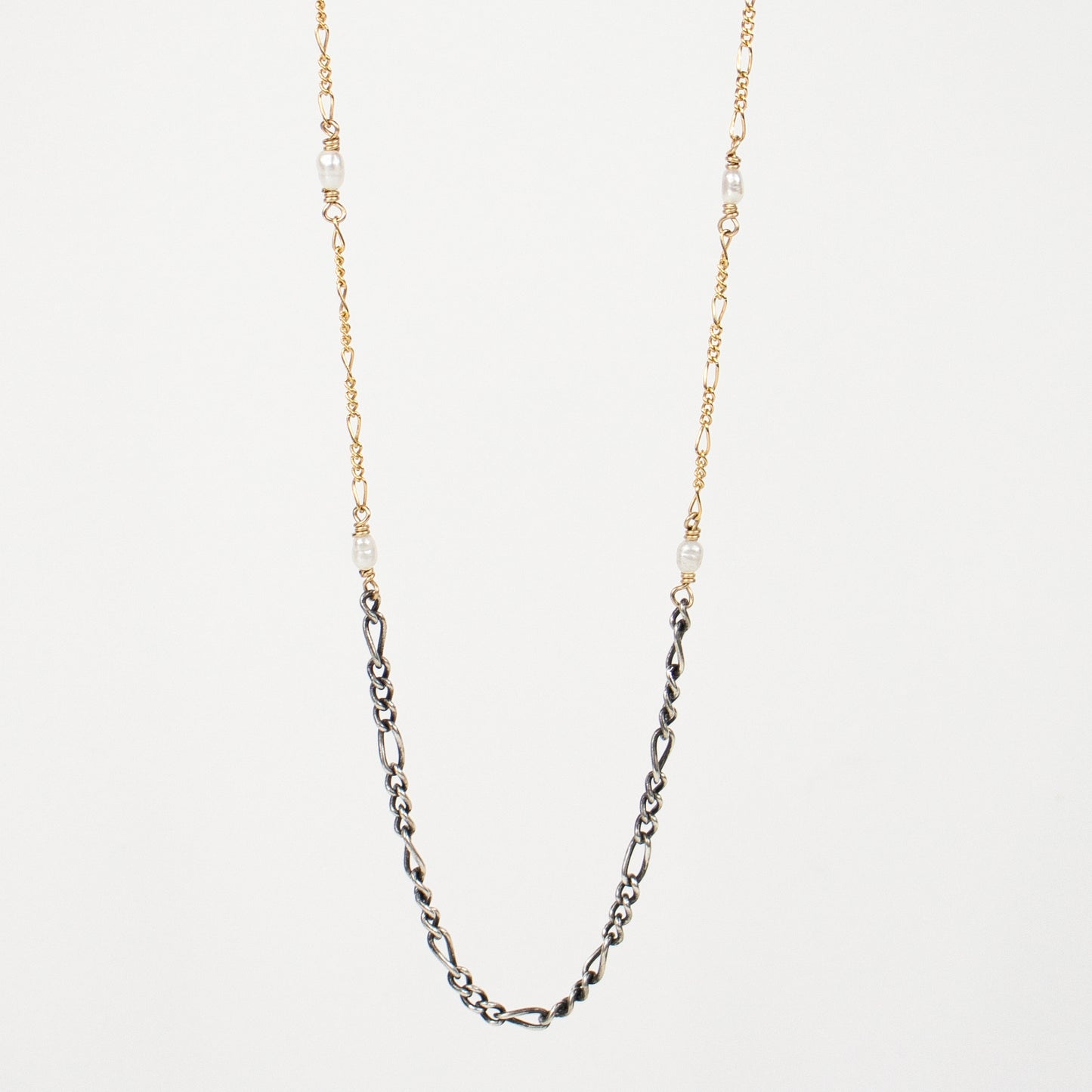 Reclaimed sterling silver and gold-filled mixed Figaro chains hand-beaded with 2 mm white rice pearls adjustable 16 - 20 inches and handmade and finished in our Catskills store-studio.