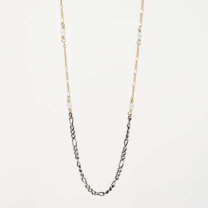 Reclaimed sterling silver and gold-filled mixed Figaro chains hand-beaded with 2 mm white rice pearls adjustable 16 - 20 inches and handmade and finished in our Catskills store-studio.