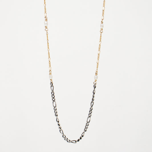 Reclaimed sterling silver and gold-filled mixed Figaro chains hand-beaded with 2 mm white rice pearls adjustable 16 - 20 inches and handmade and finished in our Catskills store-studio.