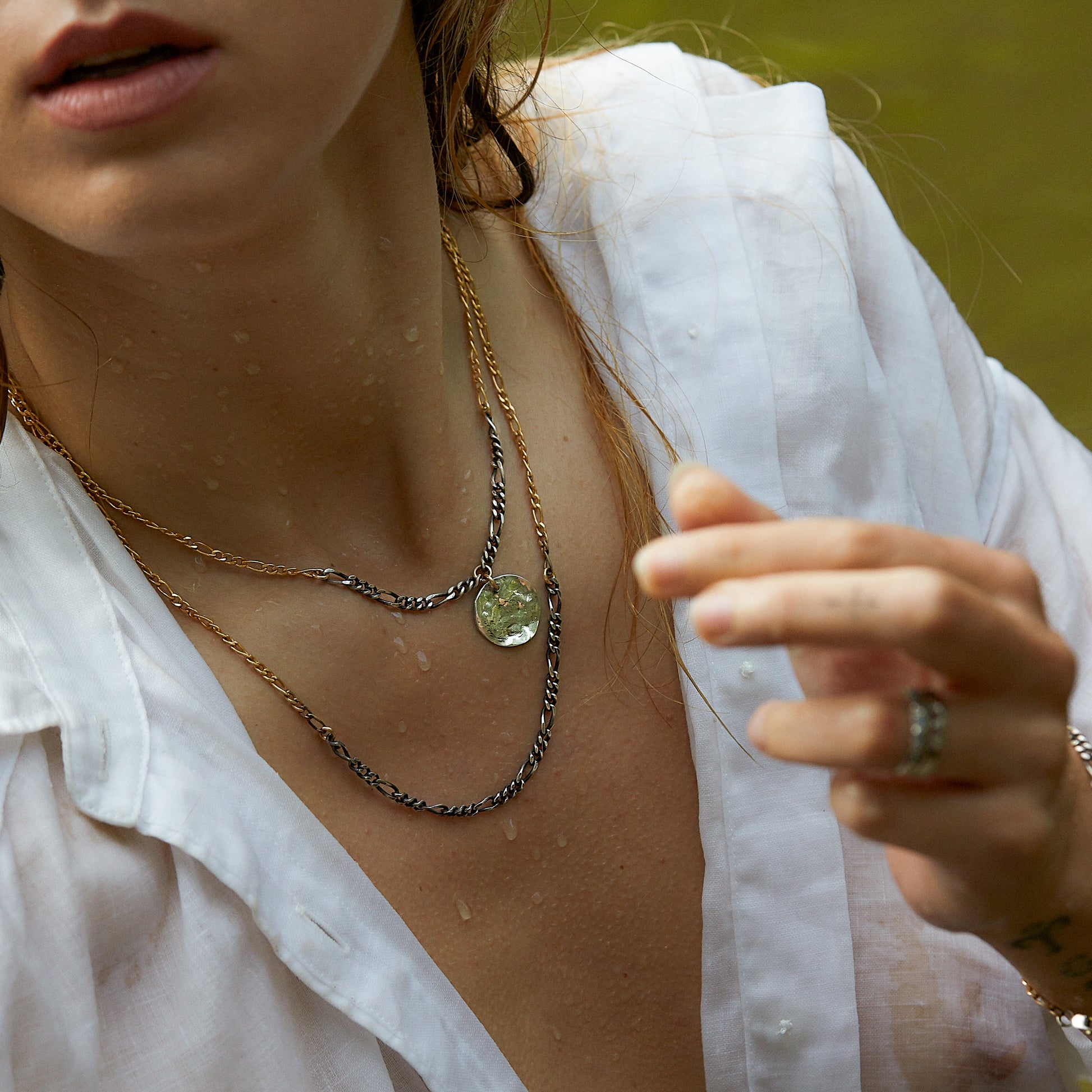 Reclaimed sterling silver and gold-filled mixed-size Figaro chains adjustable 18 - 22 inches and handmade and finished in our Catskills store-studio shown on model.