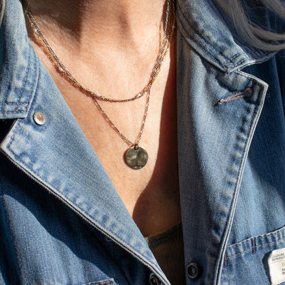 Double sterling silver and gold-filled Figaro chains adjustable 16 - 20 inches hand-beaded with white 2mm freshwater rice pearls handmade and finished in our Catskills store-studio shown on model.