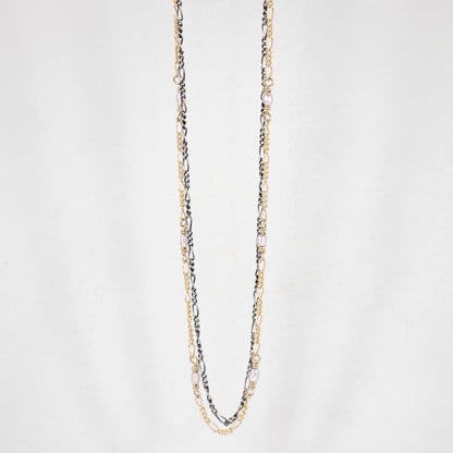 Double sterling silver and gold-filled Figaro chains adjustable 16 - 20 inches hand-beaded with white 2mm freshwater rice pearls handmade and finished in our Catskills store-studio.