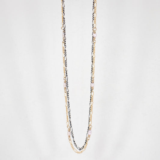 Double sterling silver and gold-filled Figaro chains adjustable 16 - 20 inches hand-beaded with white 2mm freshwater rice pearls handmade and finished in our Catskills store-studio.