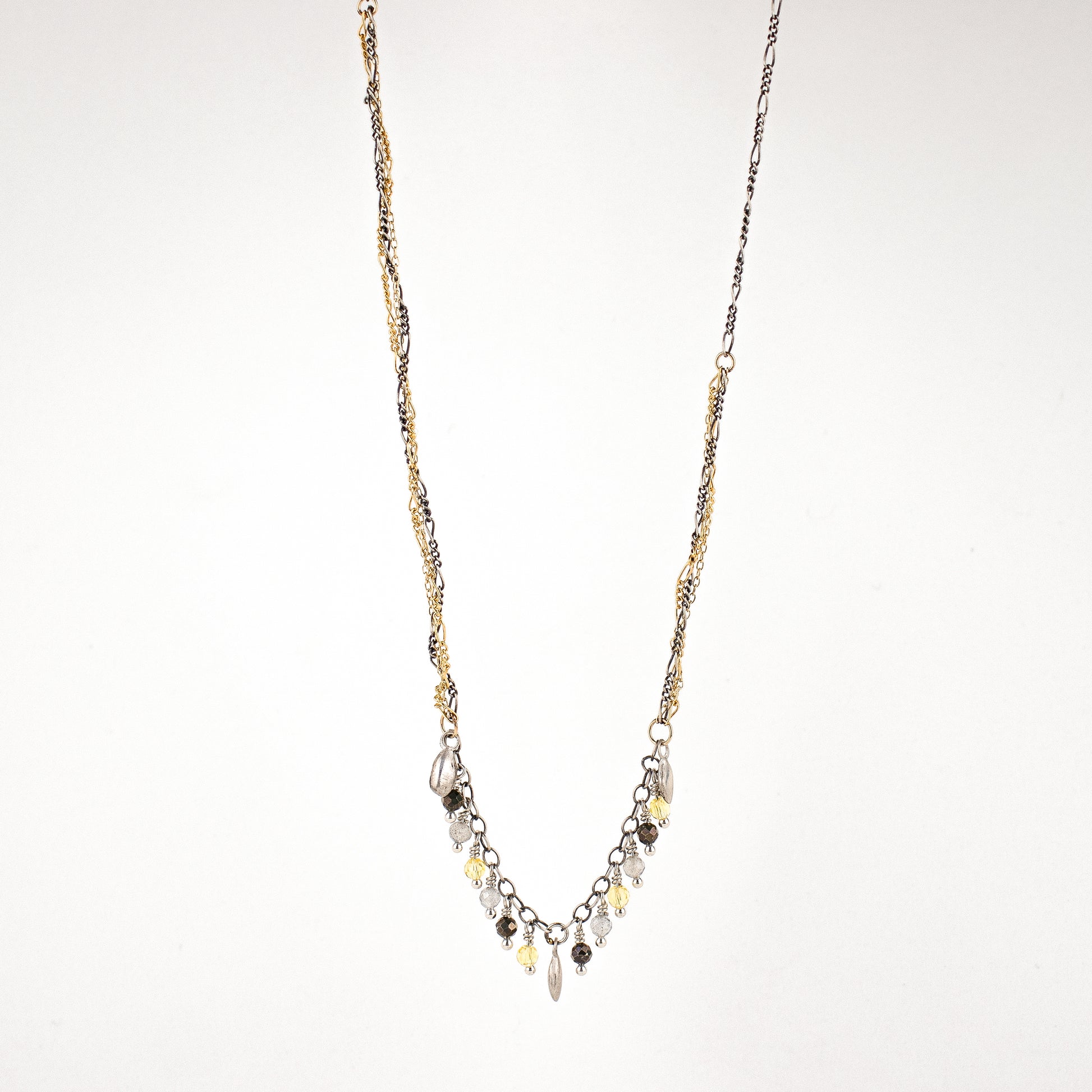 Three solid reclaimed sterling silver seeds hand-beaded with a citrine, labradorite, and pyrite beaded fringe on sterling and gold-filled tangled mixed-chain adjustable 22 - 26 inches handmade and finished in our Catskills store-studio.