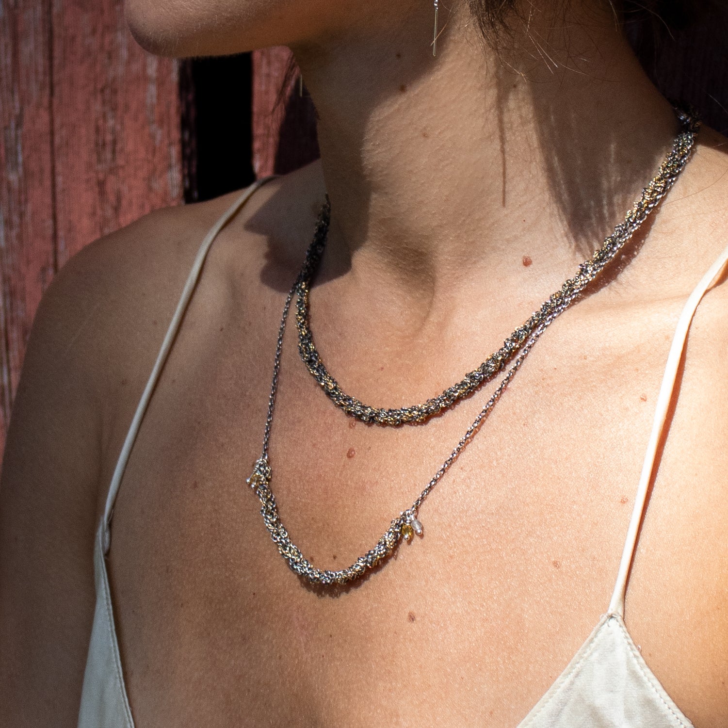 Hand-crocheted reclaimed sterling silver and gold-filled mixed-chain on sterling rope-chain hand-beaded with citrine, labradorite and pyrite handmade and finished in our Catskills store-studio shown on model.