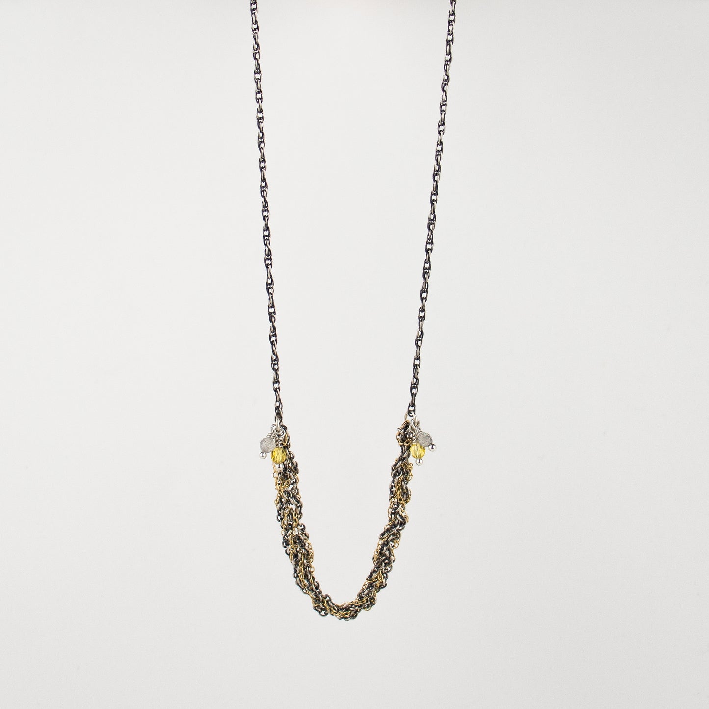 Hand-crocheted reclaimed sterling silver and gold-filled mixed-chain on sterling rope-chain hand-beaded with citrine, labradorite and pyrite handmade and finished in our Catskills store-studio