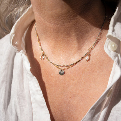 Two solid reclaimed sterling silver horseshoe and rock charms with freshwater pearl on tangled sterling and gold-filled chain adjustable 16 - 20 inches handmade and finished in our Catskills store-studio shown on model.