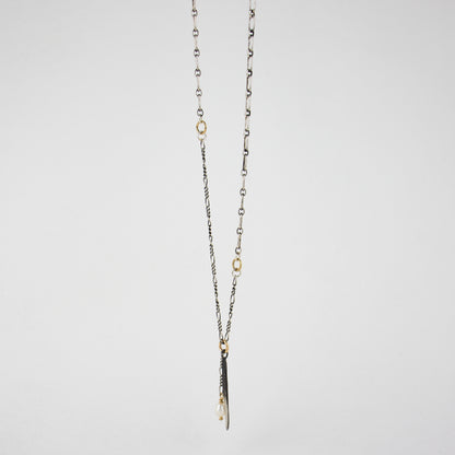 Solid reclaimed partially oxidized sterling silver spike and freshwater pearl on sterling mixed-chain adjustable 16-20 inches handmade and finished in our Catskills store-studio.