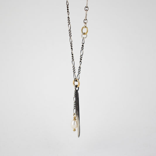 Solid reclaimed partially oxidized sterling silver spike and freshwater pearl on sterling mixed-chain adjustable 16-20 inches handmade and finished in our Catskills store-studio.