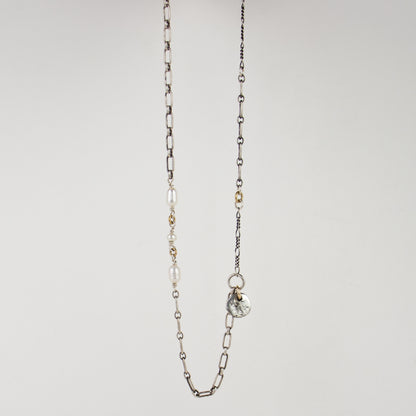 Solid reclaimed sterling silver rock charm on sterling mixed-chain hand-beaded with three freshwater pearls adjustable 16 - 20 inches handmade and finished in our Catskills store-studio.