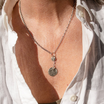 Two solid reclaimed sterling silver disc pendants and sterling signature Kria tag on sterling mixed-chain with gold-filled jump-rings adjustable 16 - 20 inches handmade and finished in our Catskills store-studio shown on model in sunlight.