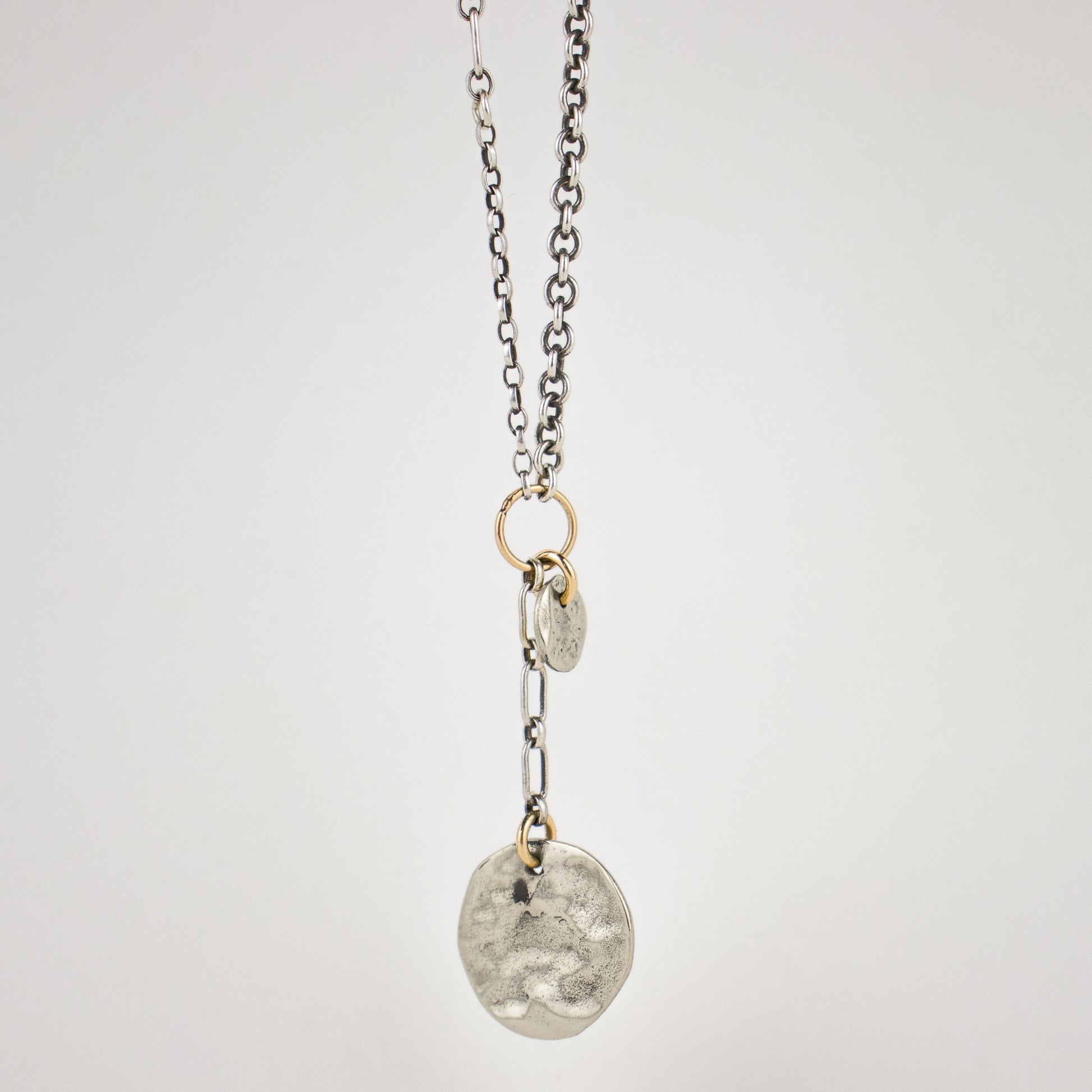 Two solid reclaimed sterling silver disc pendants and sterling signature Kria tag on sterling mixed-chain with gold-filled jump-rings adjustable 16 - 20 inches handmade and finished in our Catskills store-studio.