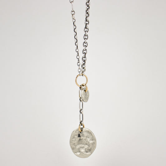 Two solid reclaimed sterling silver disc pendants and sterling signature Kria tag on sterling mixed-chain with gold-filled jump-rings adjustable 16 - 20 inches handmade and finished in our Catskills store-studio.