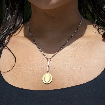 of black, lemon cream, or fire red enamel on adjustable 18 - 22 inch sterling silver mixed-chain handmade and finished in our Catskills store-studio shown on model.