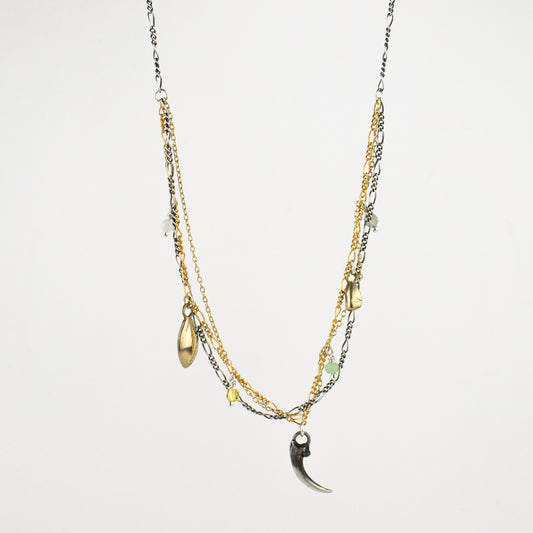 Solid reclaimed sterling silver Icelandic owl claw, two brass seeds, and chrysoprase, moonstone, labradorite and citrine beads on tangled sterling and gold-filled mixed-chains adjustable 16 - 20 inches handmade and finished in our Catskills store-studio.