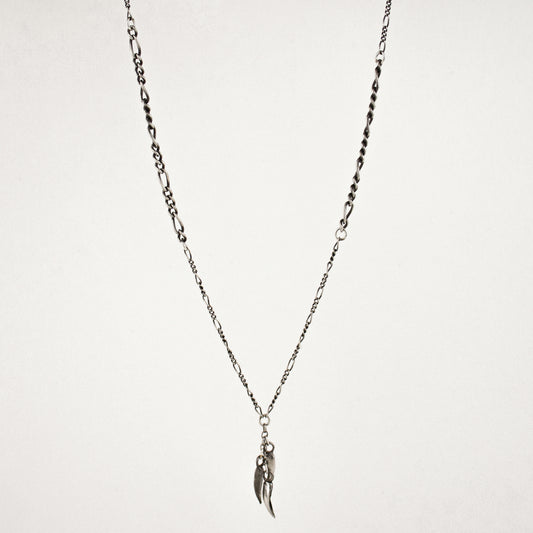 Three solid reclaimed sterling silver claws 0.25 inch in length on adjustable 16 - 20 inch sterling Figaro mixed-chain handmade and finished in our Catskills store-studio.