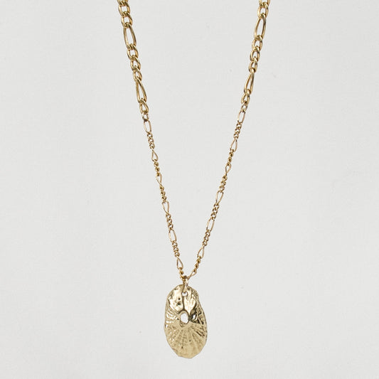 Solid reclaimed 10k gold Pacific keyhole shell pendant 0.75 inches in length on gold-filled mixed Figaro chain adjustable 18 - 20 inches and finished in our Catskills store-studio.