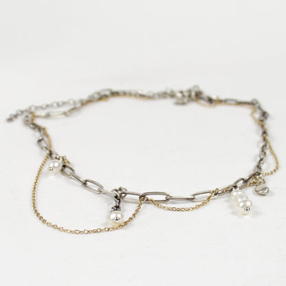 Tangled fine gold-filled and sterling silver paperclip chains with hand-beaded pearl drop-chains and solid reclaimed sterling silver seed charm adjustable 16 - 20 inches and finished in our Catskills store-studio.