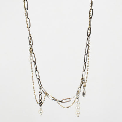 Tangled fine gold-filled and sterling silver paperclip chains with hand-beaded pearl drop-chains and solid reclaimed sterling silver seed charm adjustable 16 - 20 inches and finished in our Catskills store-studio.
