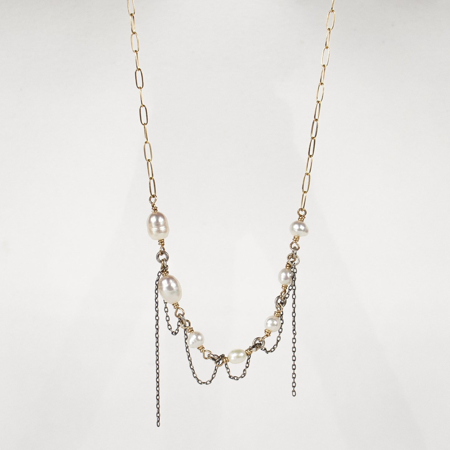 Gold-filled paperclip chain necklace hand-beaded with freshwater pearls and threaded with sterling silver fine chain adjustable 16 - 20 inches handmade and finished in our Catskills store-studio with reclaimed precious metals.