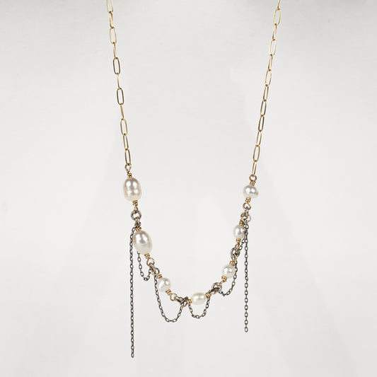 Gold-filled paperclip chain necklace hand-beaded with freshwater pearls and threaded with sterling silver fine chain adjustable 16 - 20 inches handmade and finished in our Catskills store-studio with reclaimed precious metals.